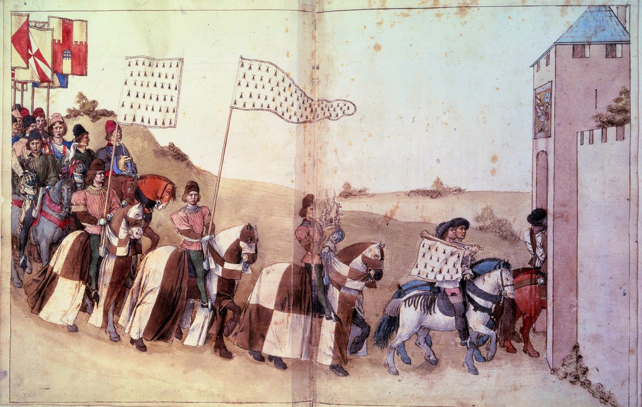 Inngang til kortegen, bærende roret og banneret til hertugen av Bretagne, i klosteret. Manuskript "" Behandler skjemaet og sitatene mens vi gjør turneringene"" (Folio 46V-47) av Rene d