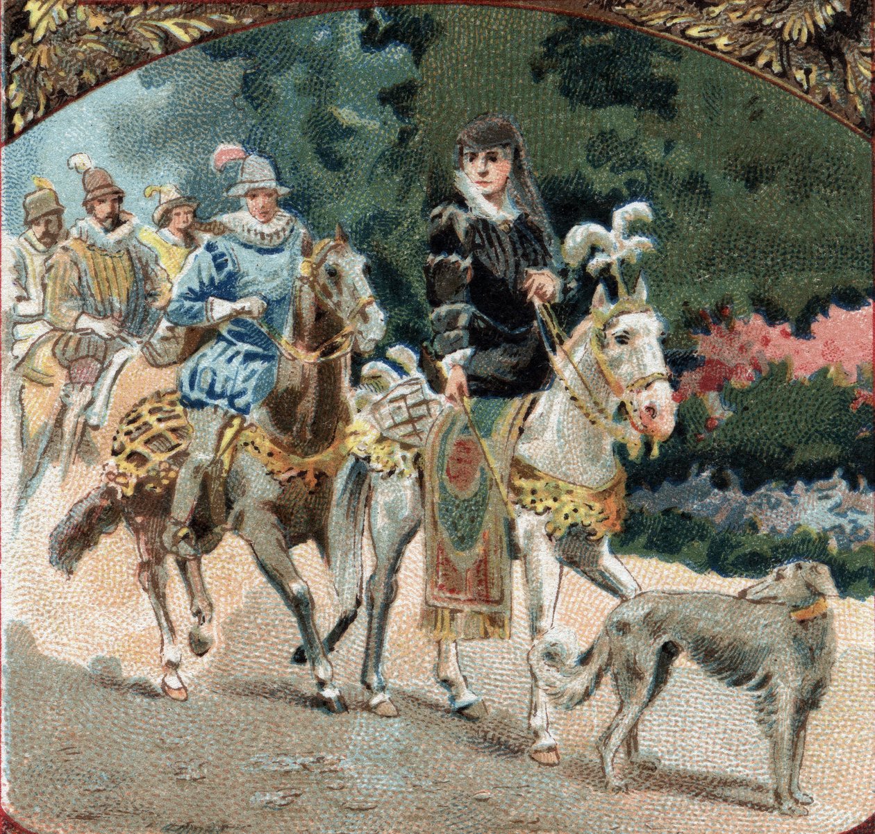 Innreise av Charles IX (1550-1574) og Catherine de Medicis (Caterina de Medici) (1519-1589) til slottet Chenonceaux. Kromolitografi fra slutten av 1800-tallet av Unknown artist