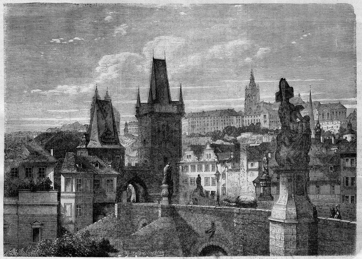 Hovedretten til Karlsbroen i Praha - Gravering i "" Le Journal Illustre"" av Unknown artist