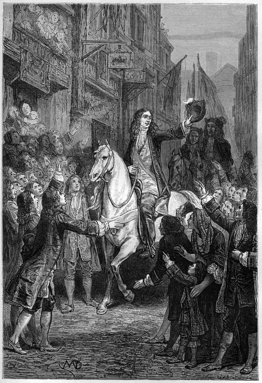Vilhelm III av Englands inntreden i London etter hans nederlag mot franske tropper - Triumferende inntog av Vilhelm III av Orange-Nassau til London i 1692 - gravering i "L
