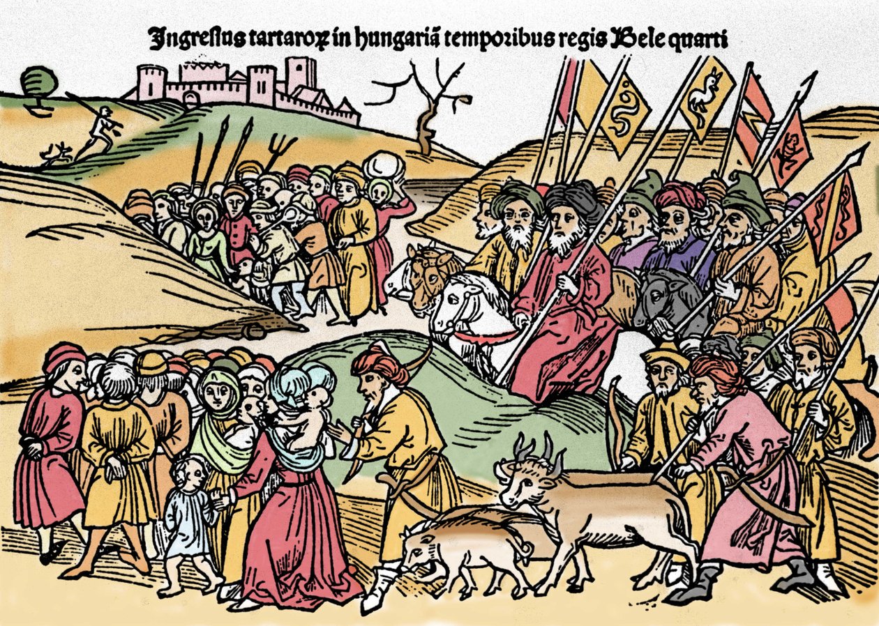 Tartarenes inntreden i Ungarn under styret av Bela IV (1235-1270) av Ungarn. Gravering fra "Chronica Hungariae"". Biblioteca Marciana, Venezia. av Unknown artist