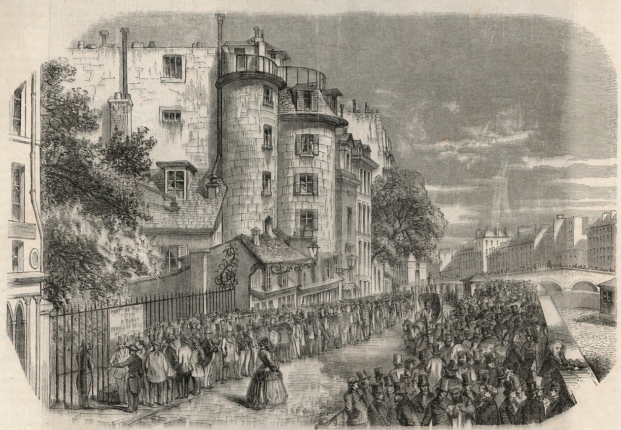 Inntreden av politiprefekturen ved rue de Jerusalem på hjørnet av Quai des Orfevres i Paris på 1800-tallet før 1871 - Gravering i "Tableau-de-Paris" av Edmond Texier 1852. av Unknown artist
