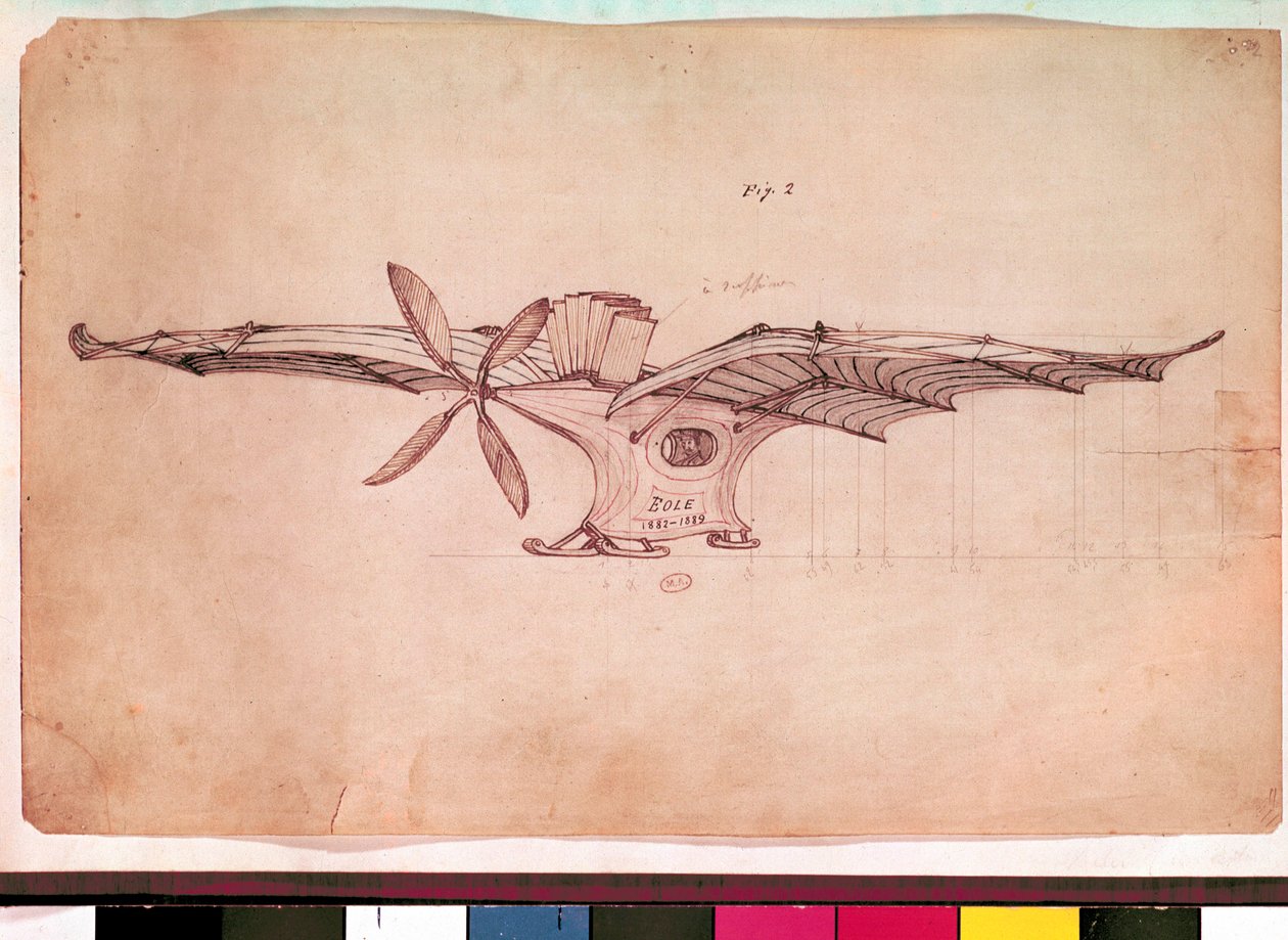 Eole flyvende maskin. Representasjon av Clement Aders fly. Anonym tegning rundt 1882-1889. Paris, luftmuseet av Unknown artist