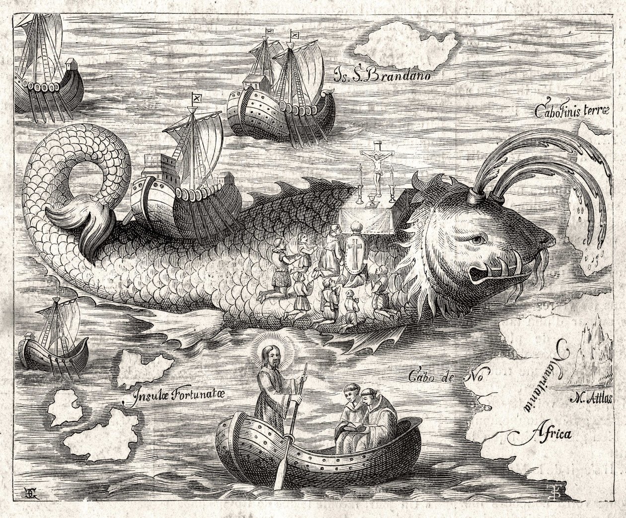 Episode av Legenden om Saint Brandan (Brendan): en fantastisk reise for den irske abbeden på 600-tallet på jakt etter et jordisk paradis. Trykk fra 1621. av Unknown artist