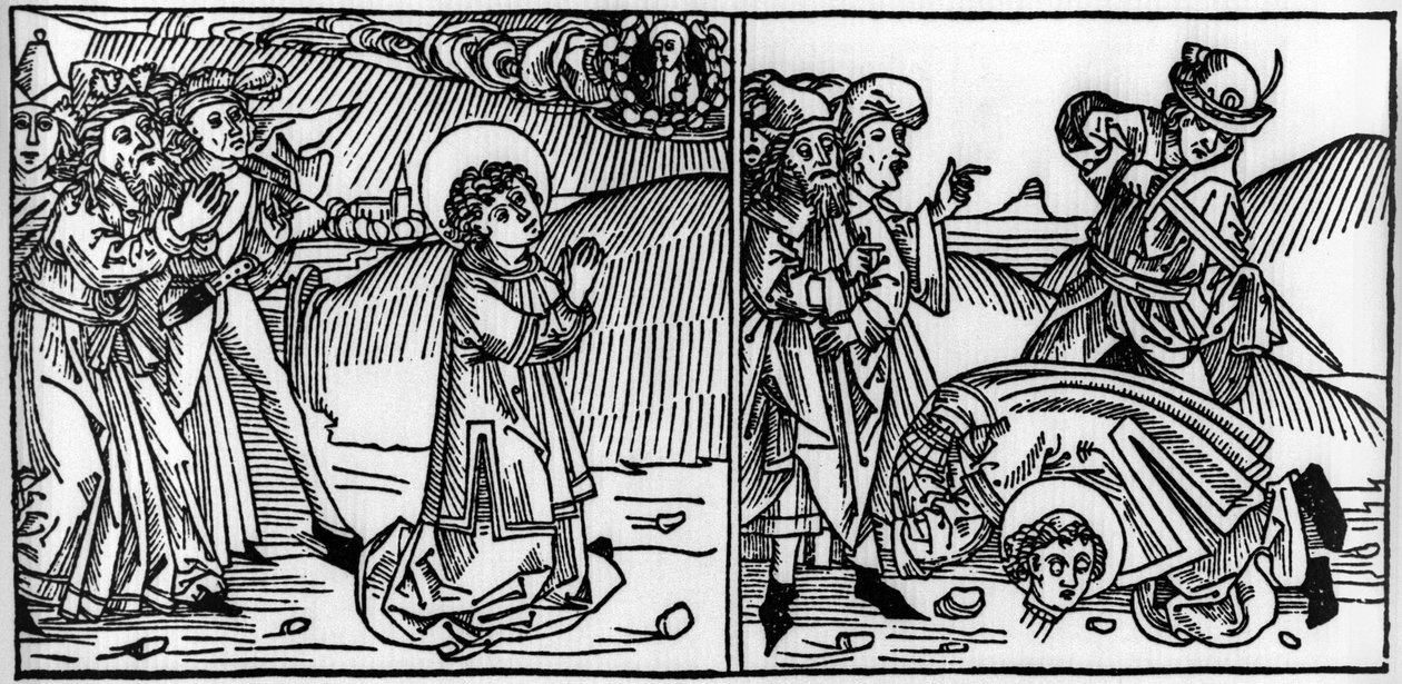 Episode av Saint Donats liv (død rundt 355) Gravering fra “Leben der Heiligen - sommerteil” (Helgenboken) av Jacobus (James) av Voragine (1228-1298). Lübeck 1488. av Unknown artist