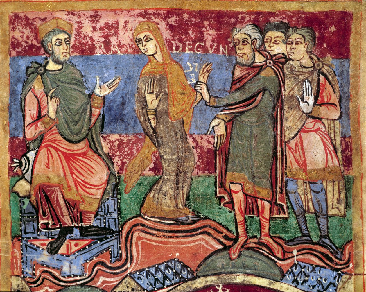 Episode av livet til Saint Radegonde (Radegundis) av Poitiers (519-587), kone til Clotaire I, kongen av frankerne: Radegonde ledes av kong Clotaire I. Miniatyr fra et manuskript fra 1000-tallet. Kommunale bibliotek i Poitiers. av Unknown artist