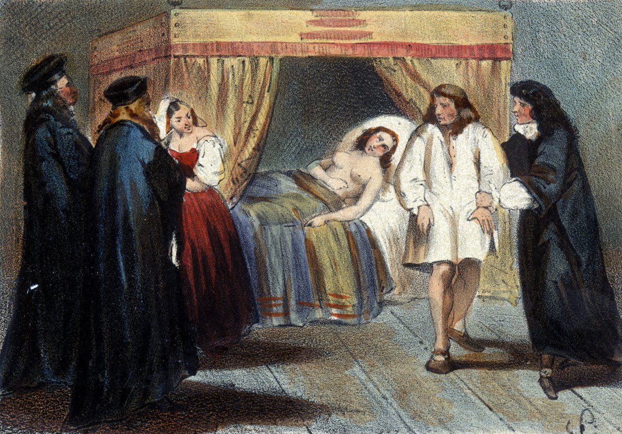 Episode av manndomsprøven til Vincent I Gonzague (1562 - 1612), hertugen av Mantua, for hans ekteskap med datteren til François de Medici, Eléonore i 1584. Han ble mistenkt for ikke å ha noen arvinger. Litografi fra 1800-tallet. av Unknown artist