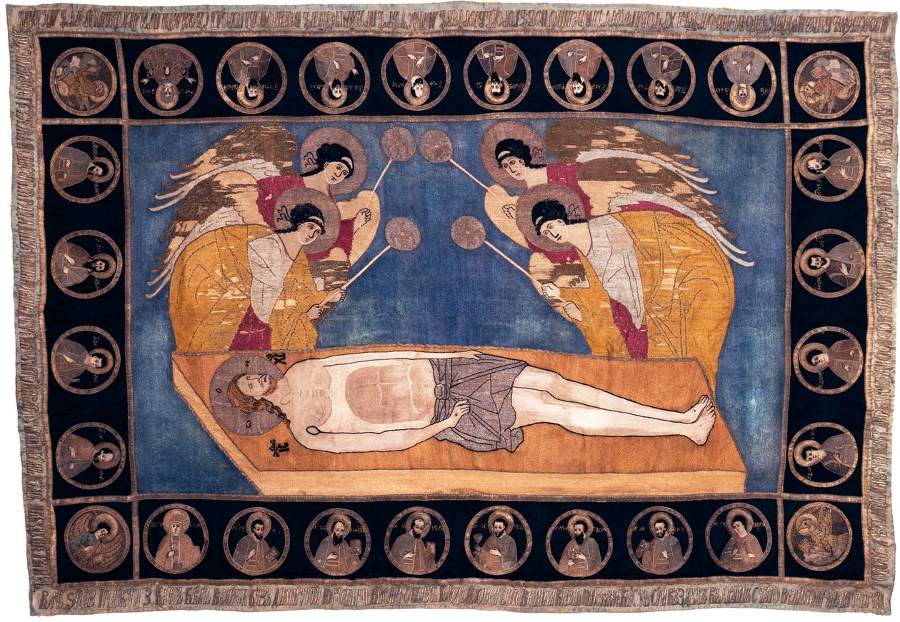 Epitafium av storprins Dmitri Yourevich Chemyaka (død 1453). Fire engler lener seg respektfullt rundt Kristi legeme. Anonymt broderi, ull, silke og gull- og sølvtråd av Unknown artist