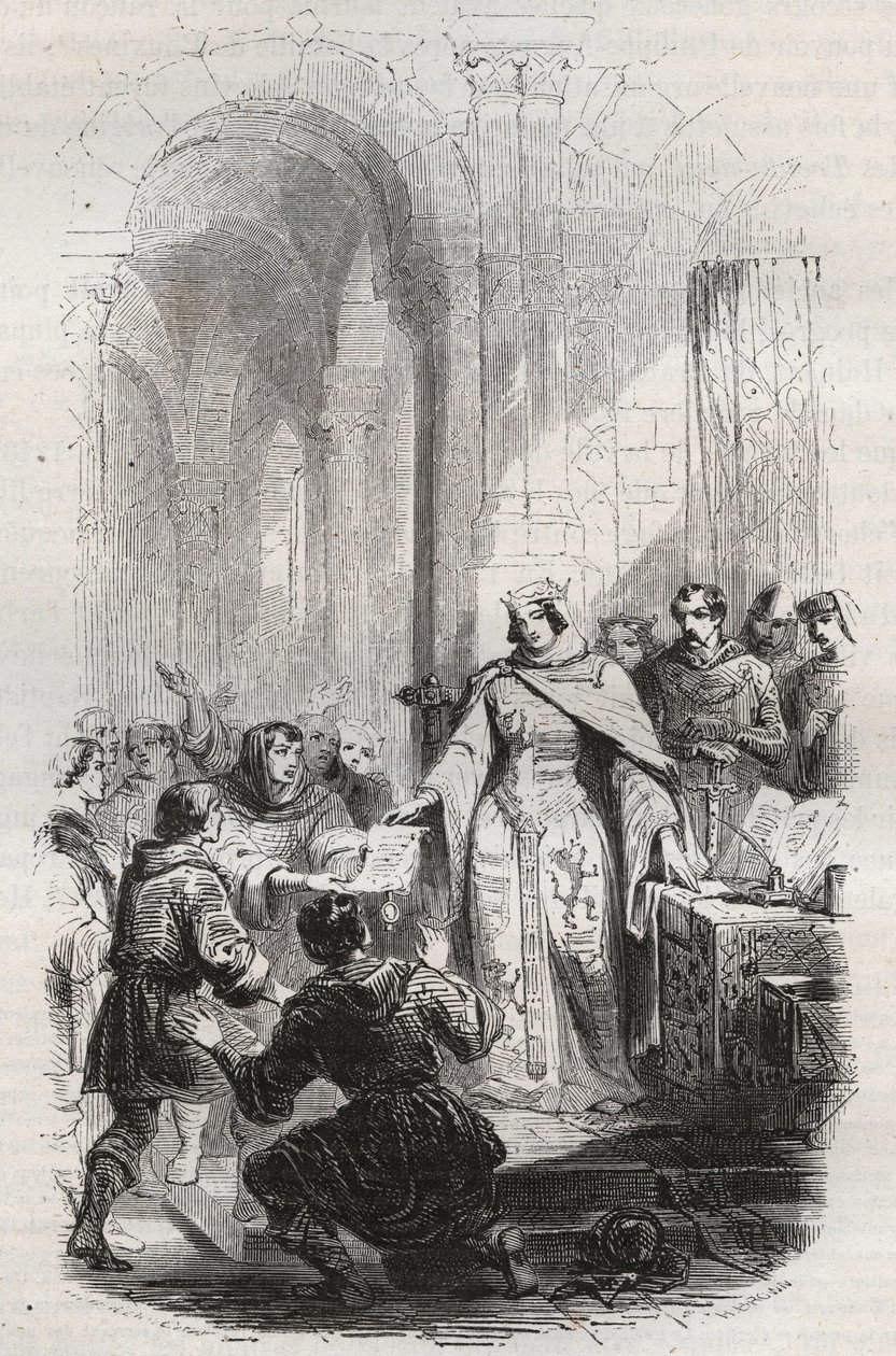 Ermesinde, grevinne av Luxembourg - Portobrev gitt av Ermesinde Iere fra Luxembourg til innbyggerne i Luxembourg i 1243 - Gravering av 1868 i "Belgias historie fra primitiv tid til slutten av Leopold I" av Theodore Juste (1818-1888) - av Unknown artist