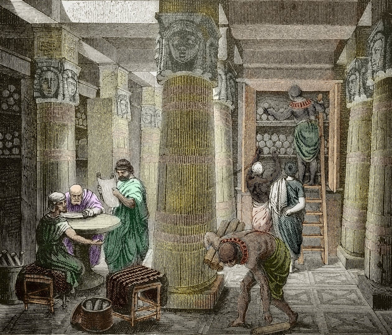 Eruditter i biblioteket i Alexandria, ødelagt i 642, Egypt) (Utsikt over biblioteket i Alexandria, Egypt) 1800-tallet (gravering) av Unknown artist
