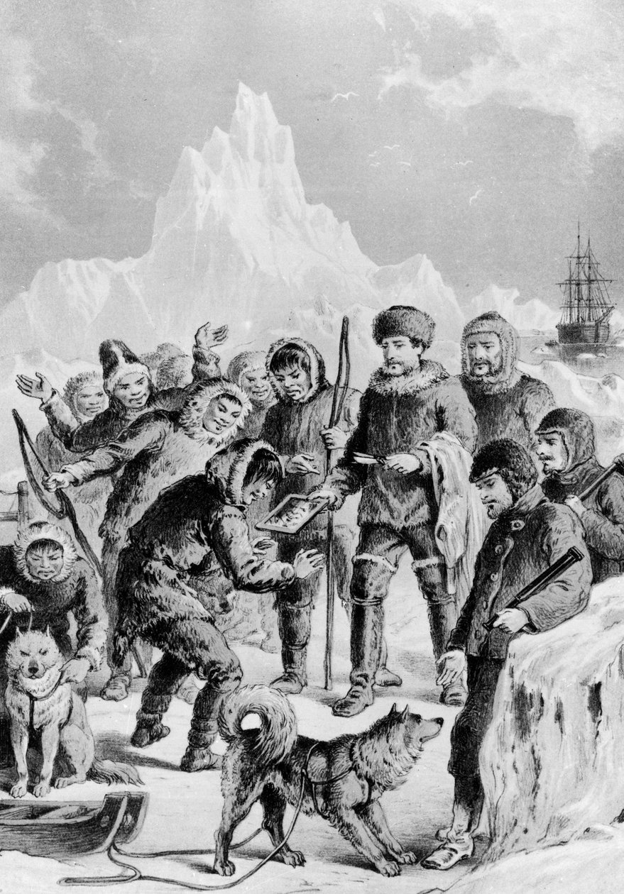 Eskimoer oppdager et speil brakt av ekspeditører - Artic Expedition fra britiske og utenlandske kyster fra de tidligste til ekspedisjonene i 1875. av Unknown artist