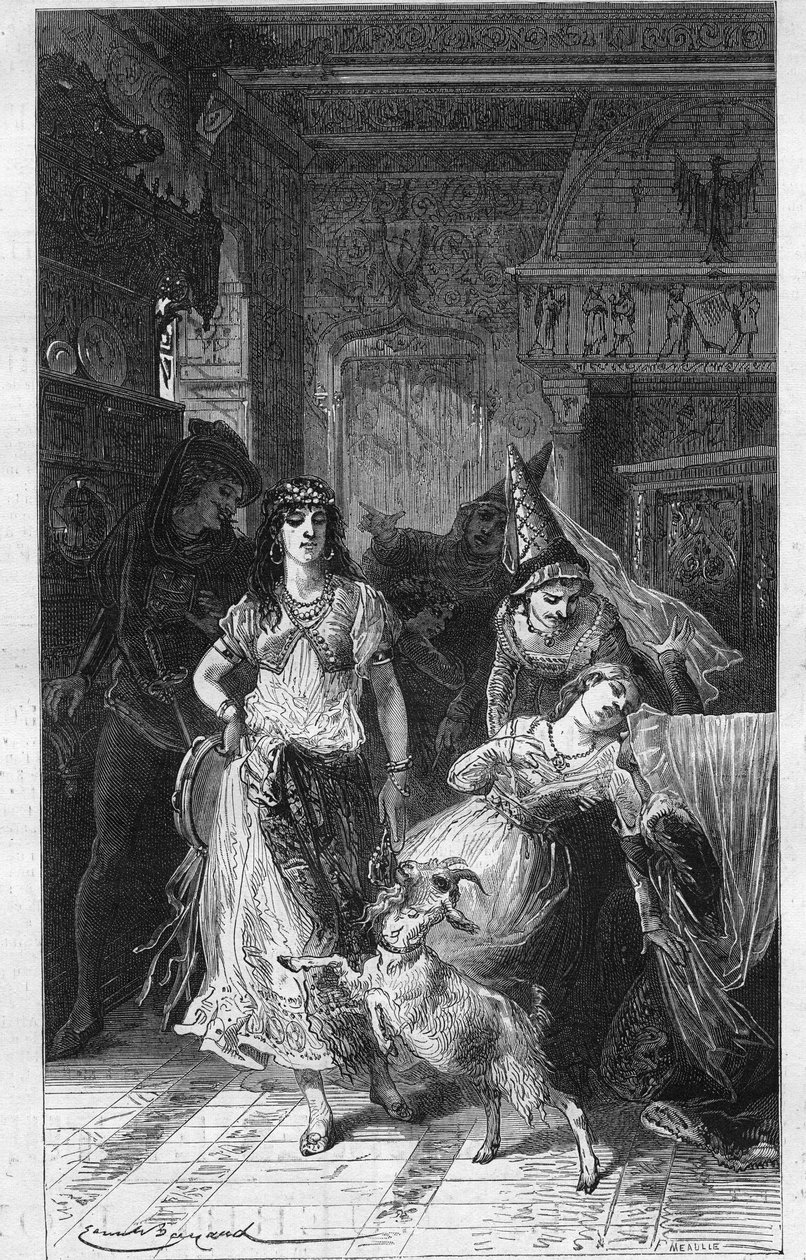 Esmeralda og Fleur de Lys (Fleur-de-Lys). Illustrasjon av «Notre Dame de Paris» av Victor Hugo (1802-1885). Gravering sent på 1800-tallet. av Unknown artist