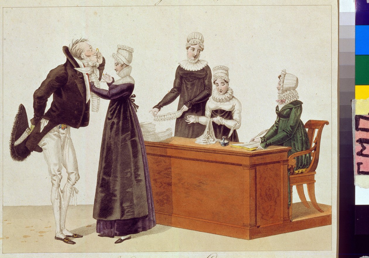 Beskjær prøve på. Anonymt verk, akvarell på papir, ca 1815. Karikatur fra 1800-tallet. Statens museum for A.S. Pushkin, Moskva. av Unknown artist