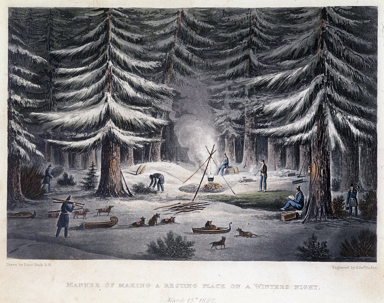 Etablering av en leir i løpet av en vinternatt - i "" Fortelling om en reise til kysten av Polarhavet i årene 1819-1821", av John Franklin, red. London av Unknown artist
