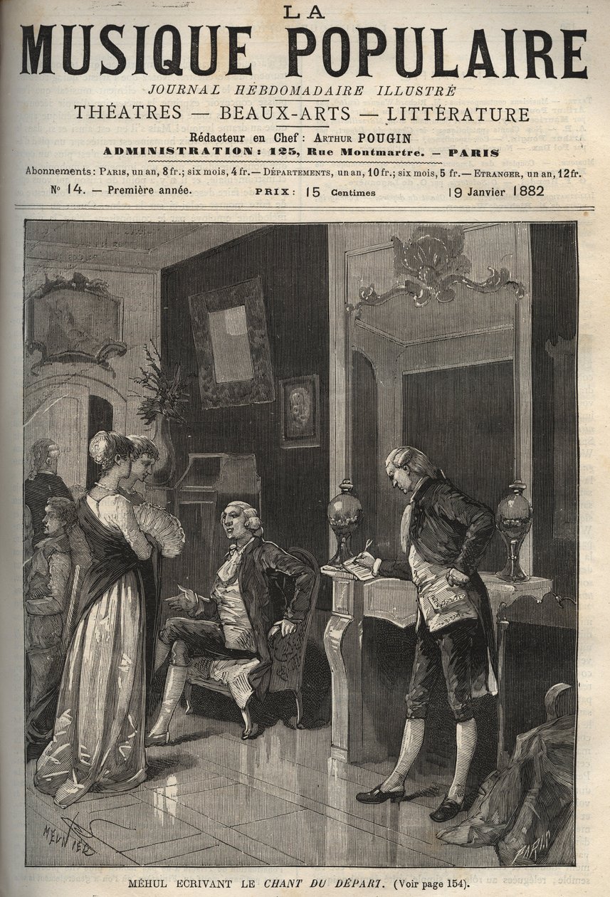 Etienne Nicolas (Etienne-Nicolas) Mehul (1763-1817) writer “” Le chant du depart”” (revolutionary chant et hymn a la liberte) - engraving in “” La musique populaire””” illustrated weekly newspaper - 1882 av Unknown artist