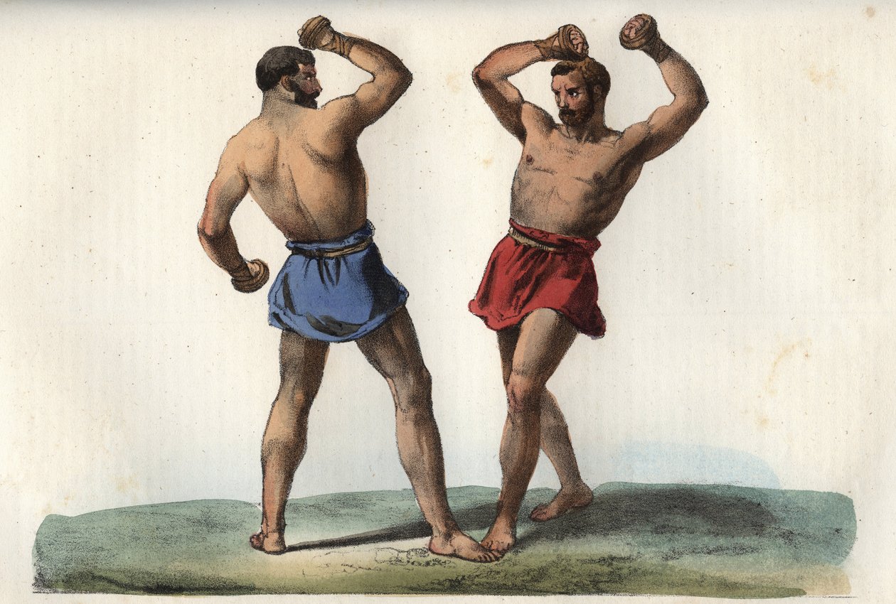 Etruskiske boksere - gravering fra "" Skikker og skikker til alle folkeslag i universet. Det vil si historien om regjeringen, lovene, militsen, om religionen til alle nasjoner fra de fjerneste tider til i dag "1856 av Unknown artist