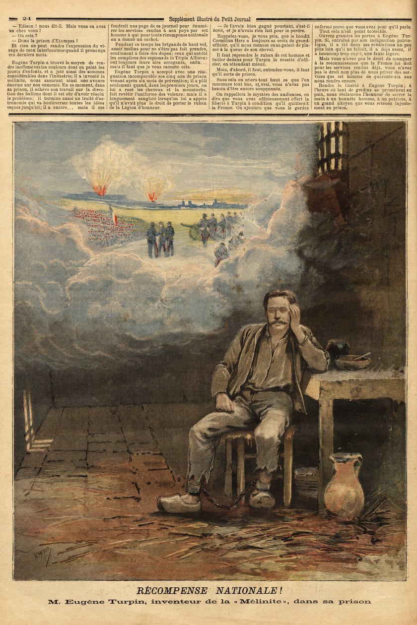 Eugene Turpin (1848-1927) kjemiker, oppfinner i 1884 av melinitt (et eksplosiv), i sin celle, anklaget (feilaktig) for å ha solgt oppfinnelsen sin til fienden. Han inspirerer Jules Verne for karakteren til Thomas Roch i romanen "Face au drapeau"". Graverin av Unknown artist