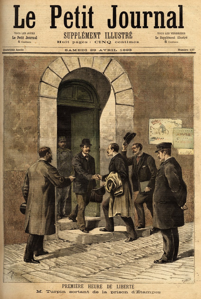 Eugene Turpin (1848-1927), kjemiker, oppfinner i 1884 av melinitt (et eksplosiv), urettmessig anklaget for å ha solgt oppfinnelsen sin til fienden, var uskyldig og frigjort fra fengselet i Etampes. Gravering i "" Le petit journal"" 29.0 av Unknown artist