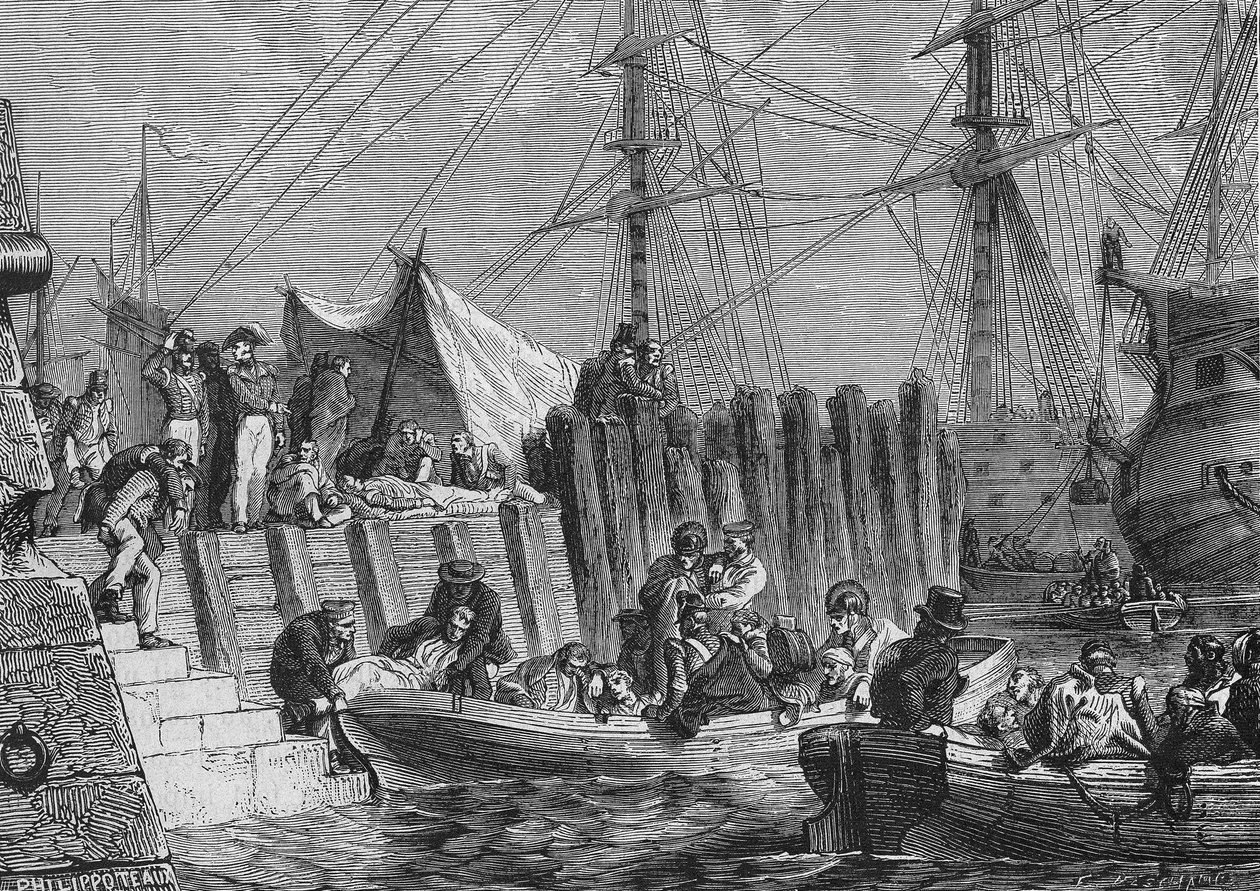 Evakuering av Flesringe av engelskmennene i 1802: ombordstigning av syke - i "Histoire de France"" av Henri Martin, sd. 1800-tallet. av Unknown artist