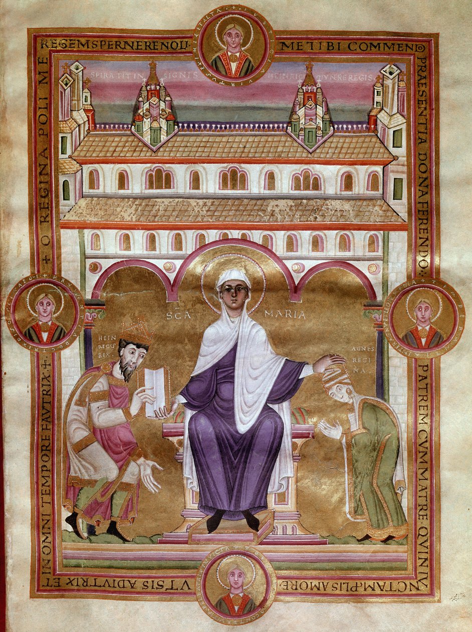 Evangelical Page (Golden Bible) av keiser Henry III sier at svart (1017-1056) representerer knelende sammen med sin kone Agnes d