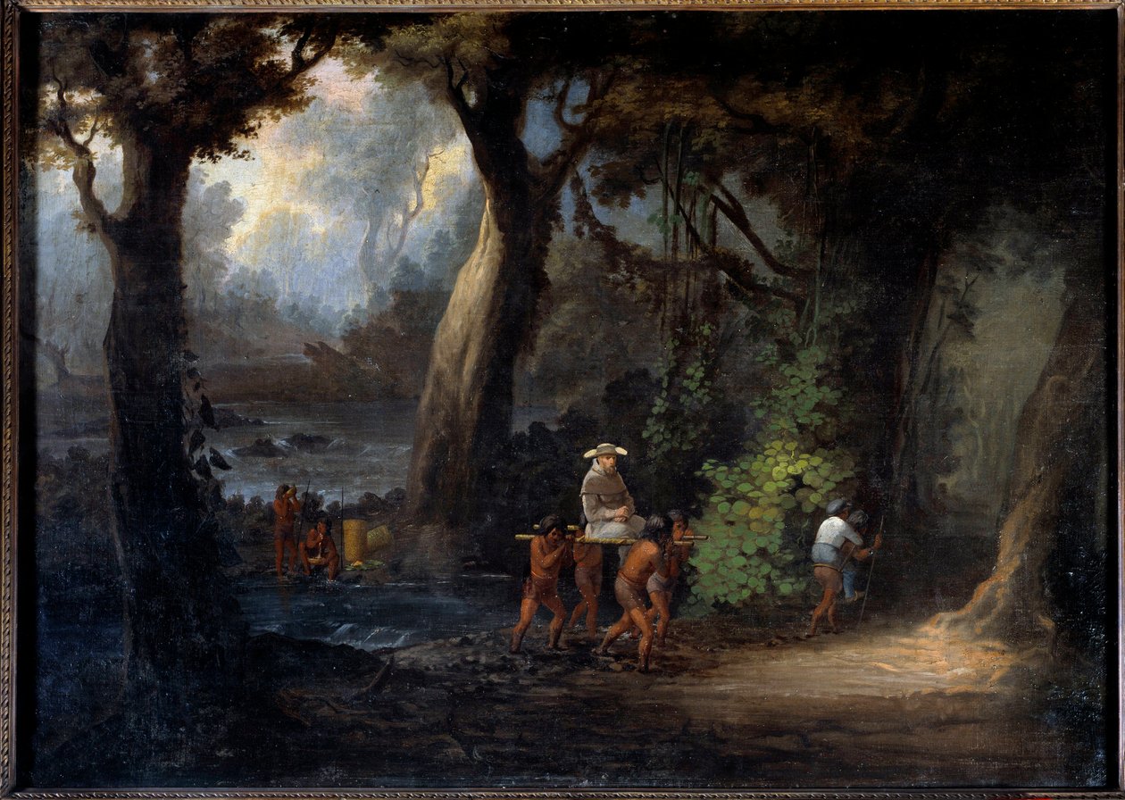 Evangelisering: "" Banks misjonærer i Sør-Amerika bæres av indianerne""" Anonymt maleri fra 1800-tallet. La Rochelle, New World Museum av Unknown artist