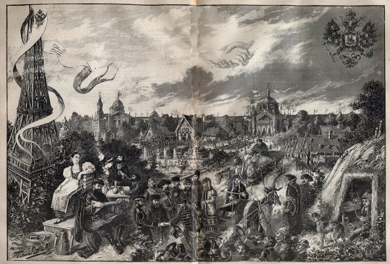 Fremkalling av vennskap mellom Frankrike og Russland og den russiske utstillingen som vil finne sted i 1892 på Champ de Mars i Paris - Gravering i "" La Science francaise"" av Unknown artist