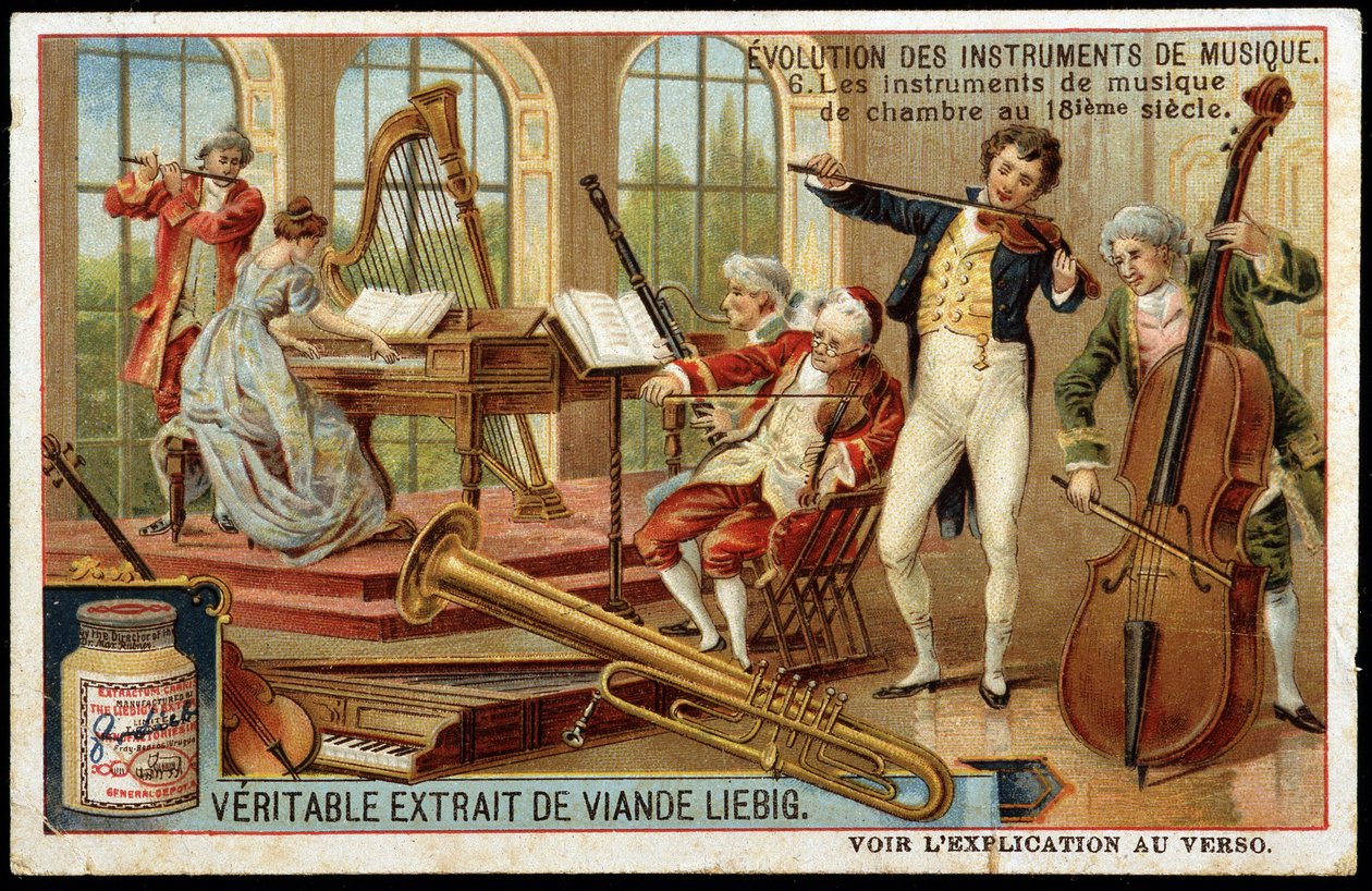 Evolusjon av musikkinstrumenter: kammermusikkinstrumenter på 1700-tallet - chromo Liébig. av Unknown artist