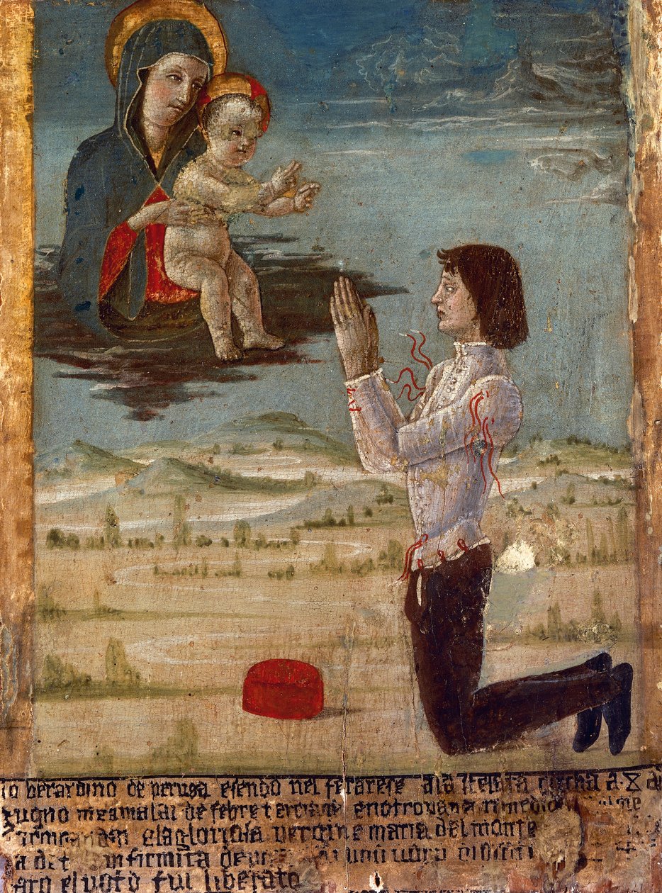 Eks-voto som viser Madonna og barn med en mann på knærne som ber, Abbey of St Maria del Monte, Cesena, Emilia-Romagna, Italia av Unknown artist
