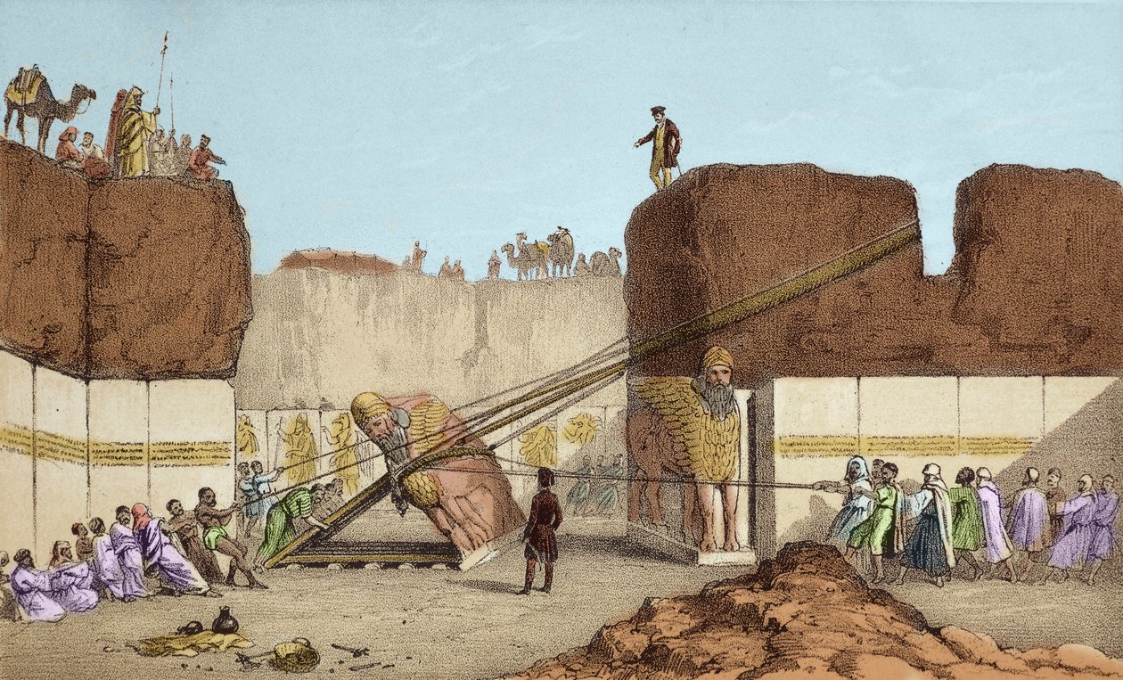 Utgravninger av Nineve (Nineveh) - Ruinene av Nimrud (Nimroud) av Henri Layard (etter hans reise til Mesopotamia på 1800-tallet); erstatning av den store oksevingen -Forsendelsen av en bevinget okse fra Nimrud, under utgravningene til Sir Austen Henry av Unknown artist