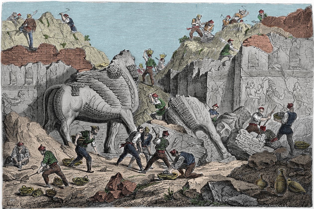 Utgravninger utført av Paul-Emile (Paul Emile) Botta, Frankrikes konsul i Nineveh på stedet til Khorsabad (Khunsabad), den tidligere assyriske hovedstaden nord for Mosul. Irak. Gravering av 1800-tallet. av Unknown artist