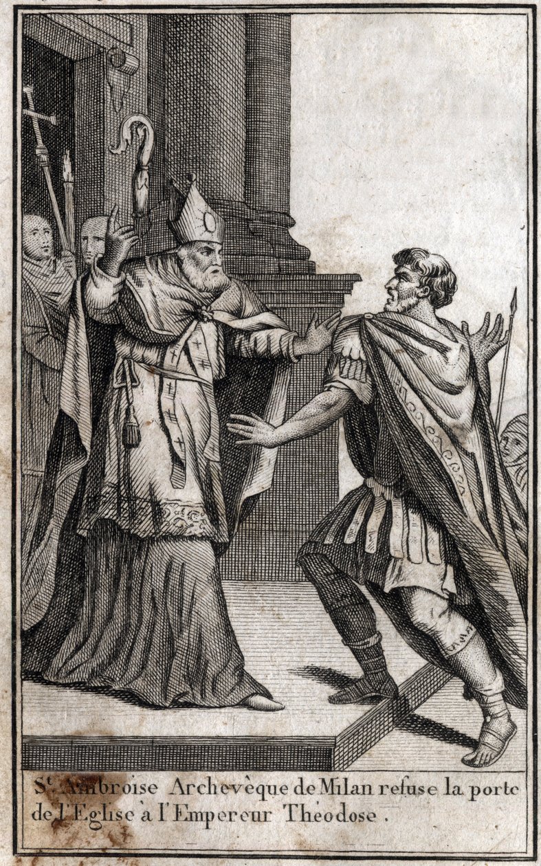 Ekskommunikasjon: buen til St. Ambrosius av Milano (Aurelius Ambrosius, Ambrogio di Milano (340-397) nekter kirkedøren til den romerske keiseren Theodosius I (Flavius Theodosius) (347-395) for å straffe ham for massakren i Thessaloniki i 390. Gravering i av Unknown artist