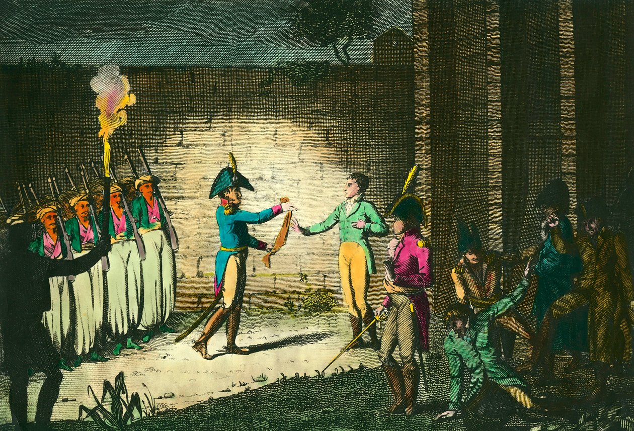 Henrettelse av Louis de Bourbon, hertugen av Enghien (1772-1804) 21. mars 1804 i Vincennes, mistenkelig uten bevis for konspirasjon mot den første konsulen Napoleon Bonaparte. Gravering omkring 1804. Privat samling av Unknown artist