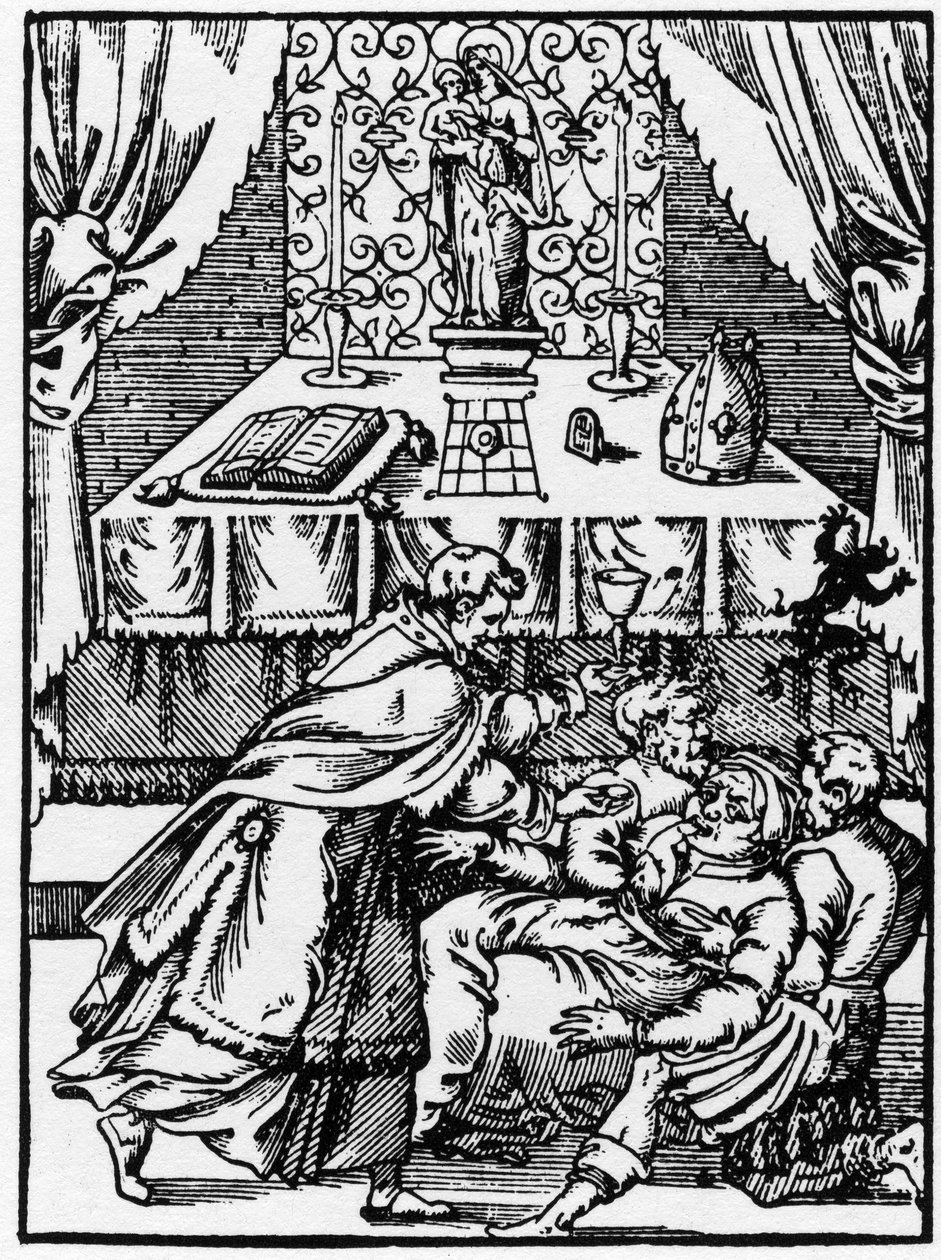 Eksorcisme: en demon forlater kroppen til en heksebesatt mens en prest tilbyr ham nattverd - Gravering av "" vidunderlige historier" av Pierre Boaistuau av Unknown artist