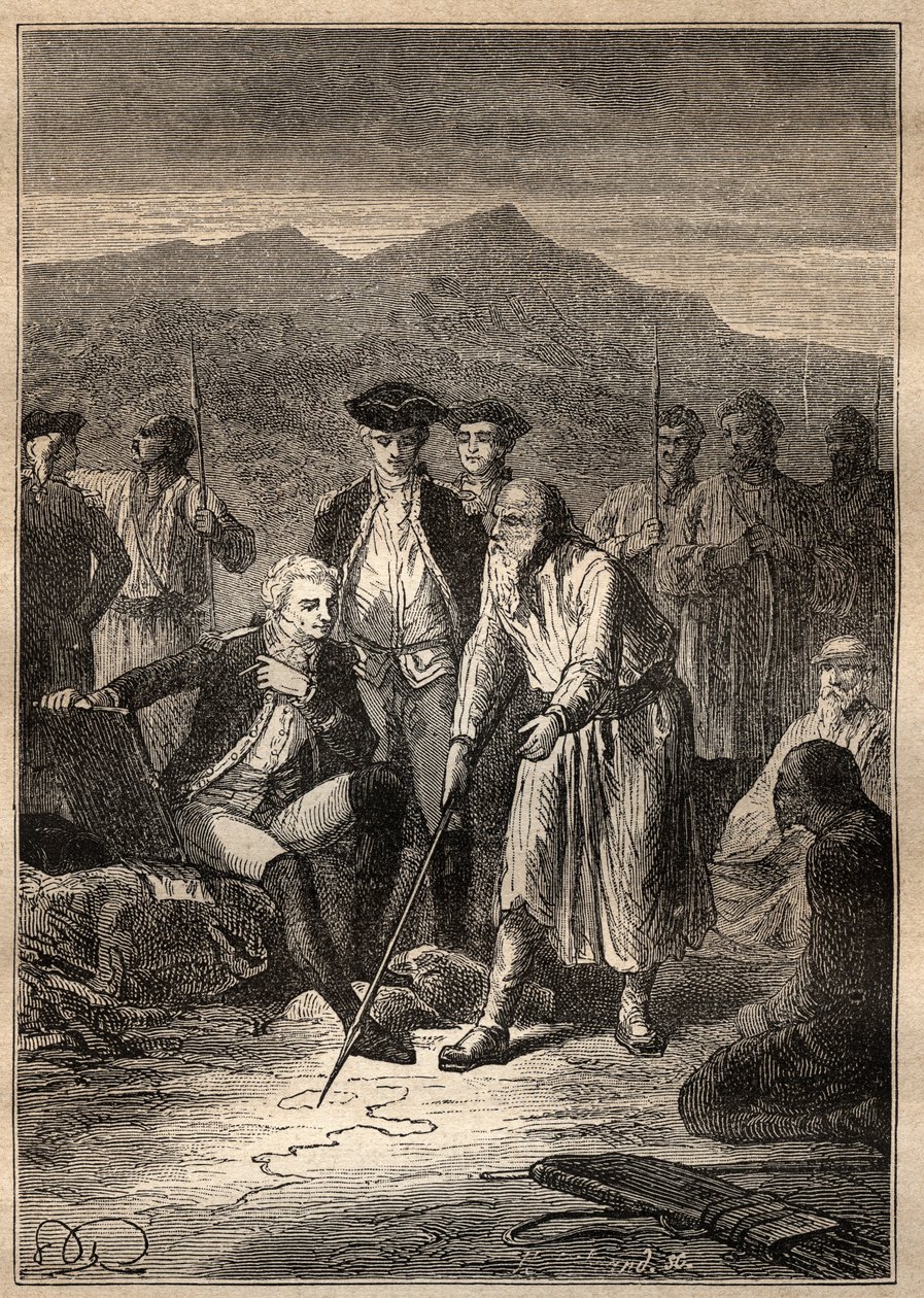 Expedition Around the World (1785-1788) av Jean Francois Galaup de La Perouse (1741-1788): sjømennene går i land på Saghalian-øya (Sakhaline) møter en gammel mann som tegnet dem et kart over Tartaria - illustrasjon hentet fra "The Great Sjøfarere fra det 1 av Unknown artist