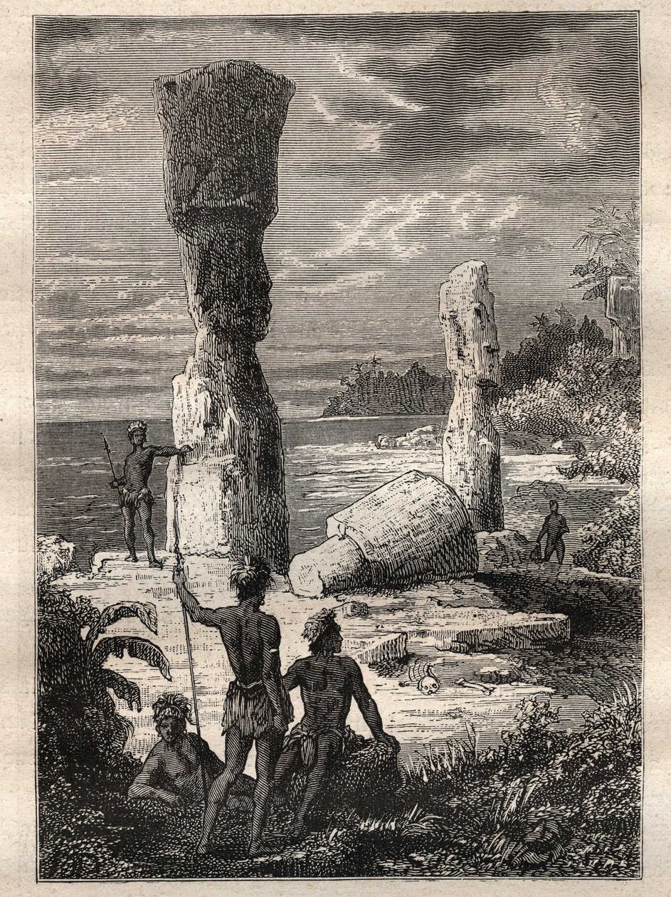 Ekspedisjon rundt om i verden (1785-1788) av Jean Francois Galaup de La Perouse (1741-1788): urbefolkningen på Påskeøya ser på monumentale statuer (Moai) - illustrasjon hentet fra "The Great Mariners of the 18th century"" av Unknown artist