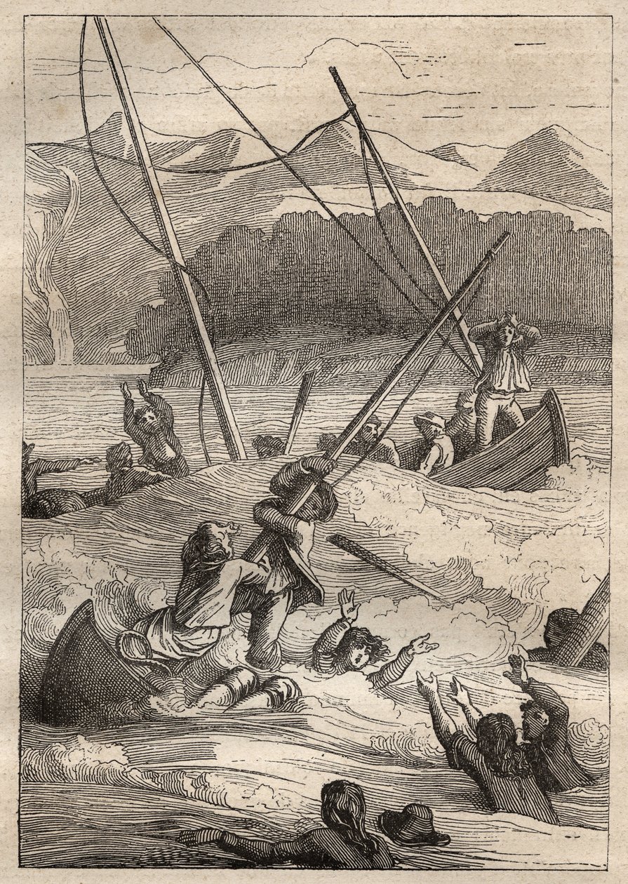 Ekspedisjon rundt om i verden (1785-1788) av Jean Francois Galaup de La Perouse (1741-1788): forlis av båtene ved havnen i den franske (Alaska) - illustrasjon hentet fra "The Great Mariners of the 18th century" av Unknown artist