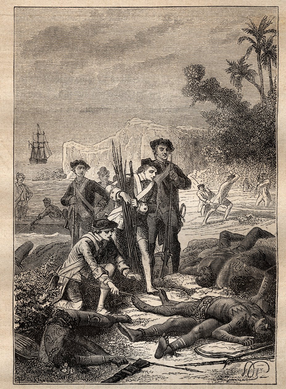 Ekspedisjon av Jean Francois de Survillle (1717-1770) i sørhavet (1769-1770): sjømennene i Surville samler våpnene til urbefolkningen som døde under slaget (Ny-Irland, Papua Ny-Guinee) - illustrasjon hentet fra " De store sjøfolkene av Unknown artist