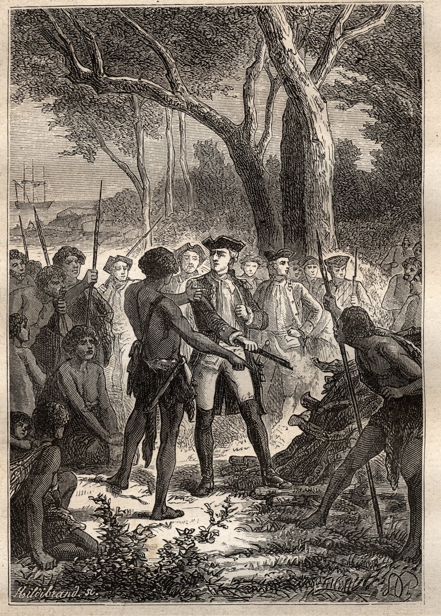 Ekspedisjon av Nicolas Thomas Marion-Dufresne (Marion Dufresne) (1729-1772): Marion gikk av barken i Frederick Henry Bay (Tasmania) og ble tilbudt en brandon antent av urbefolkningen - illustrasjon hentet fra "The Great Mariners of the 18th century" av Unknown artist