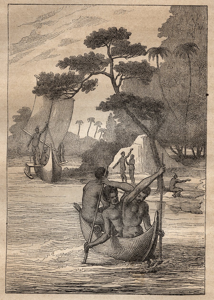 Expedition by Nicolas Thomas Marion-Dufresne (Marion Dufresne) (1729-1772): canoes from the islands of the Admiraut (Bismarck Archipelago, Papua New Guinea) - illustration taken from “” The Great Mariners of the 18th century””” av Unknown artist
