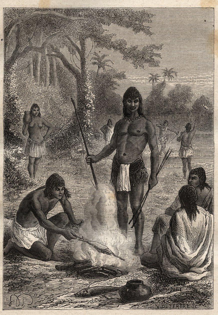 Ekspedisjon til Amerika (1799-1804) av Alexander von Humboldt (1769-1859) og Aime Bonpland (1773-1858): Omaguas-indianere (Amazonia, Peru) - illustrasjon fra "The Great Mariners of the 18th century" av Unknown artist