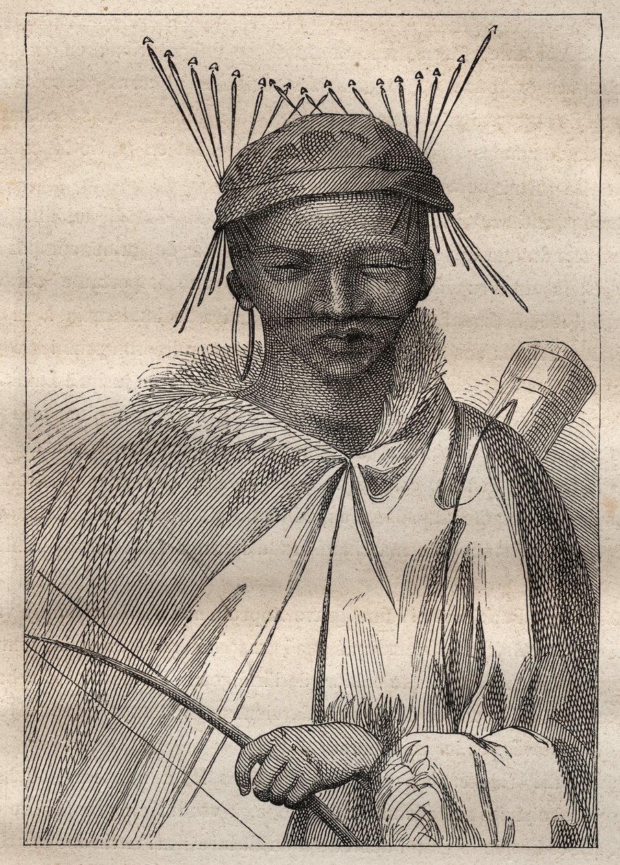 Ekspedisjon til det indre av landene i Sør-Afrika (1775) av Anders Sparrman (1748-1820): en boschiman (Bochiman eller San, urfolk i Sør-Afrika) - illustrasjon hentet fra "The Great Mariners of the 18th century"" av Unknown artist