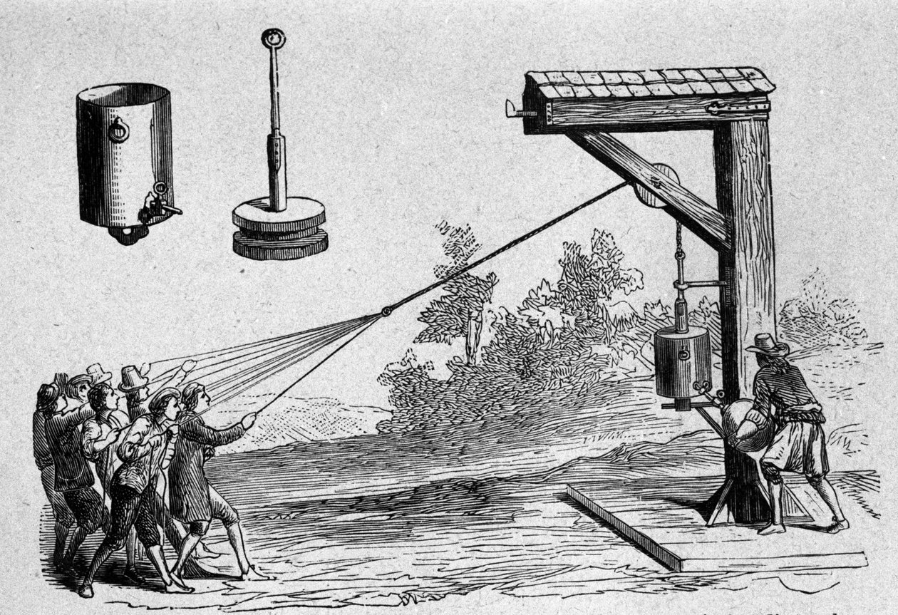 Erfaring utført i nærvær av prins Auerberg på det pneumatiske vakuumet av den tyske forskeren Otto von Guericke for å beregne atmosfærisk trykk i 1654 Plate hentet fra "Ottonis de Guericke: Experimenta Nova Magdeburgica de vacuo spatio" av O av Unknown artist