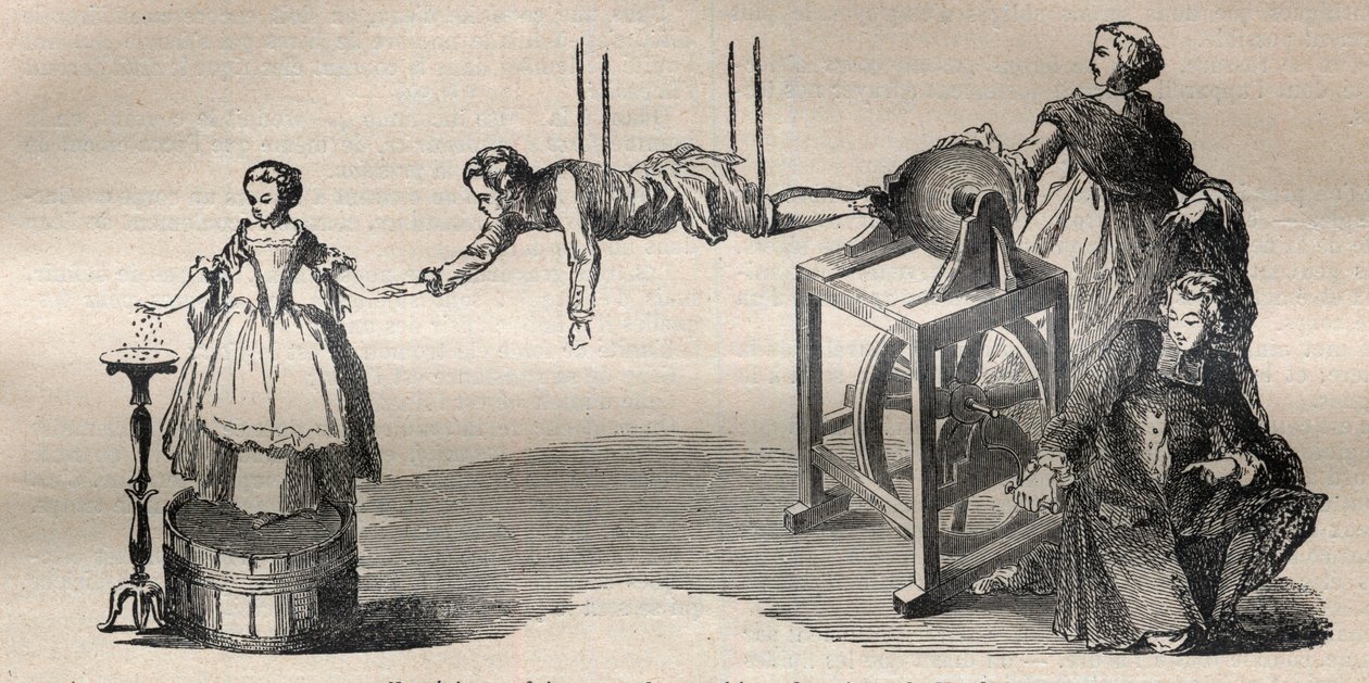 Erfaring laget med den elektriske maskinen av Francis Hauksbee den eldste (1666-1713) - Gravering i "" La Science francaise"" av Unknown artist