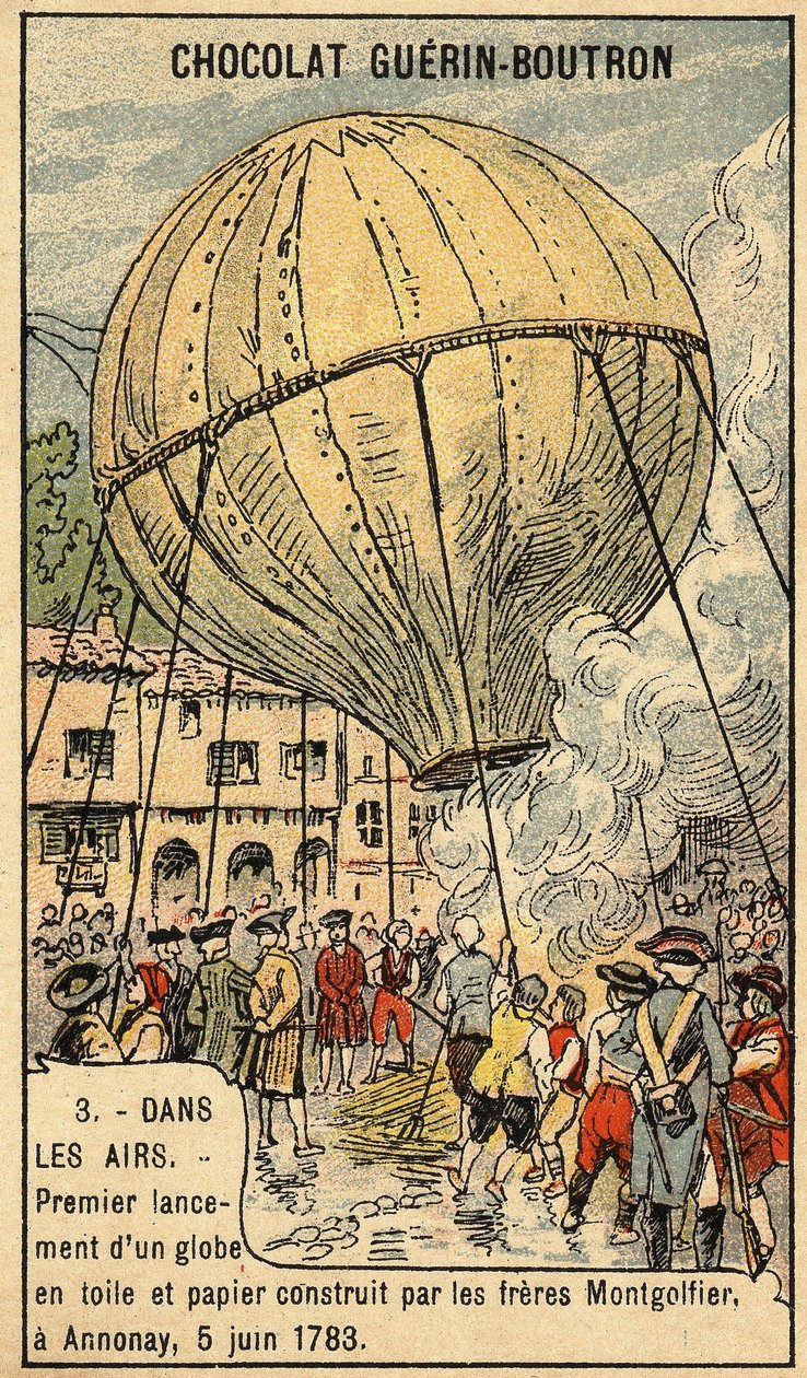 Experience of 5 June 1783 by the Montgolfier brothers at Annonay.Chromo of the late 19th century. av Unknown artist