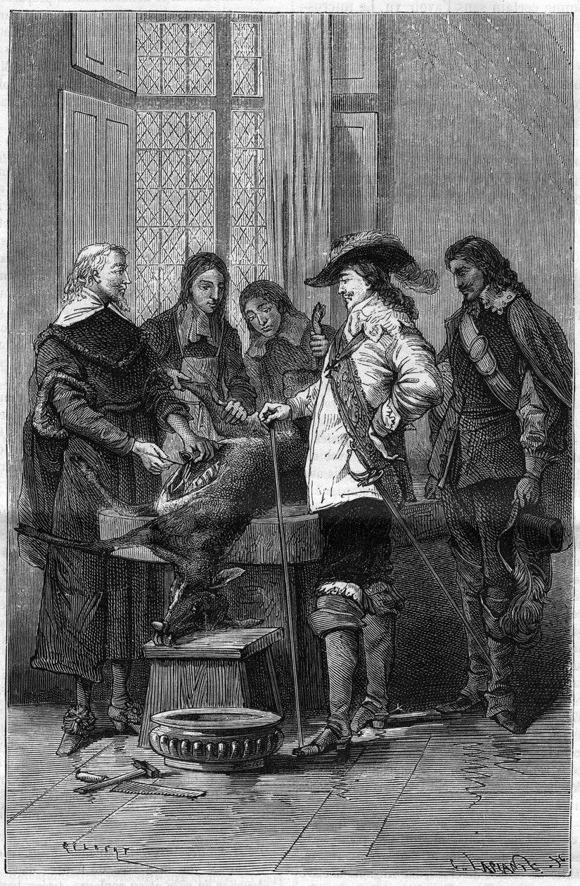 Experience of William Harvey (1578-1657), English doctor showing Charles I Stuart (1600-1649) king of England and doctors of the Royal College of London the phenomene of blood circulation on a living doe. Engraving in “” La Nature”” av Unknown artist