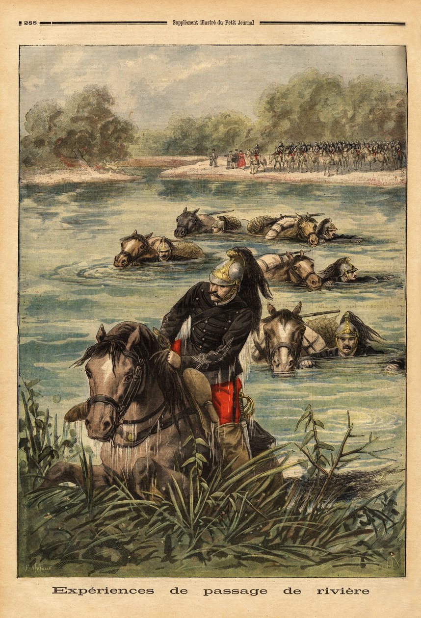 Opplevelse av elvepassasje av det 7. drageregimentet i Fontainebleau. Gravering i "" Le petit journal"" 6/09/1896. Selvas samling. av Unknown artist