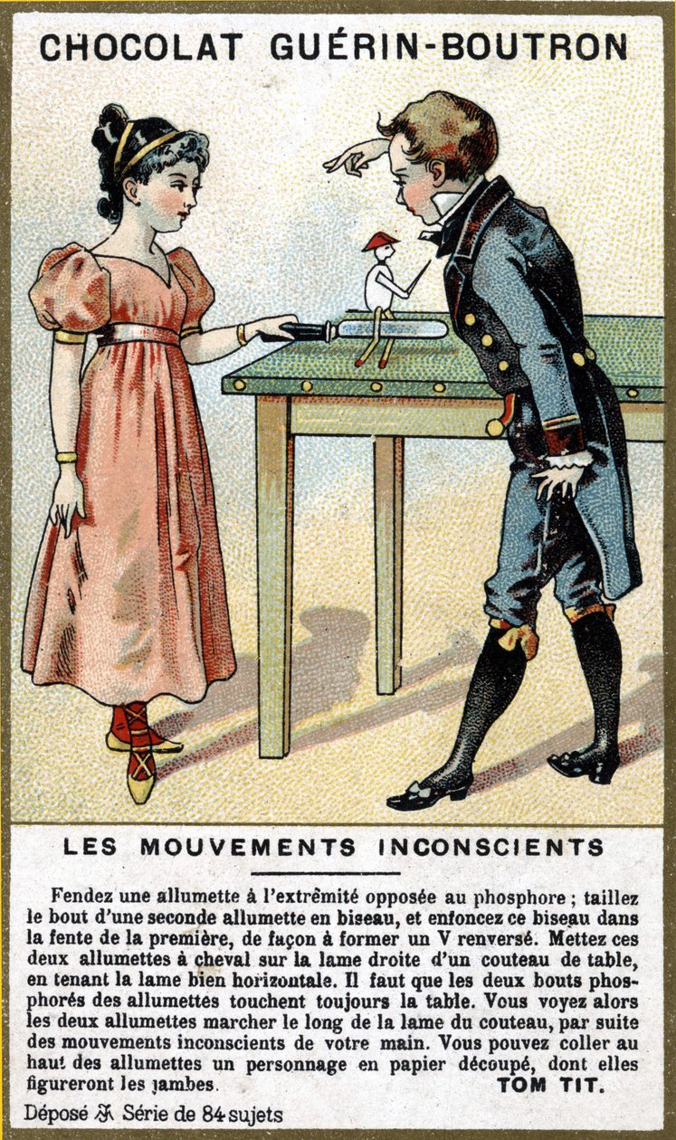 Erfaring av to barn med fyrstikker og kniv. Kromolitografi av sjokoladeemballasje Guérin Boutron. av Unknown artist