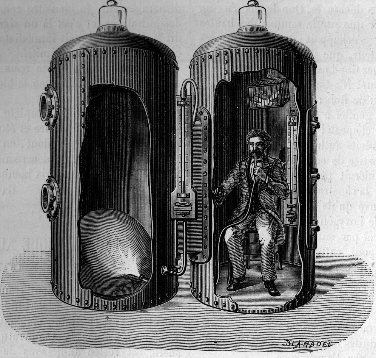 Experience on barometric pressure by the physiologist Paul Bert (1833-1886): breathing of a suroxygenic air, dilates by decreasing pressure. Engraving in “” La Nature: revue des sciences et de leurs applications aux arts et a l