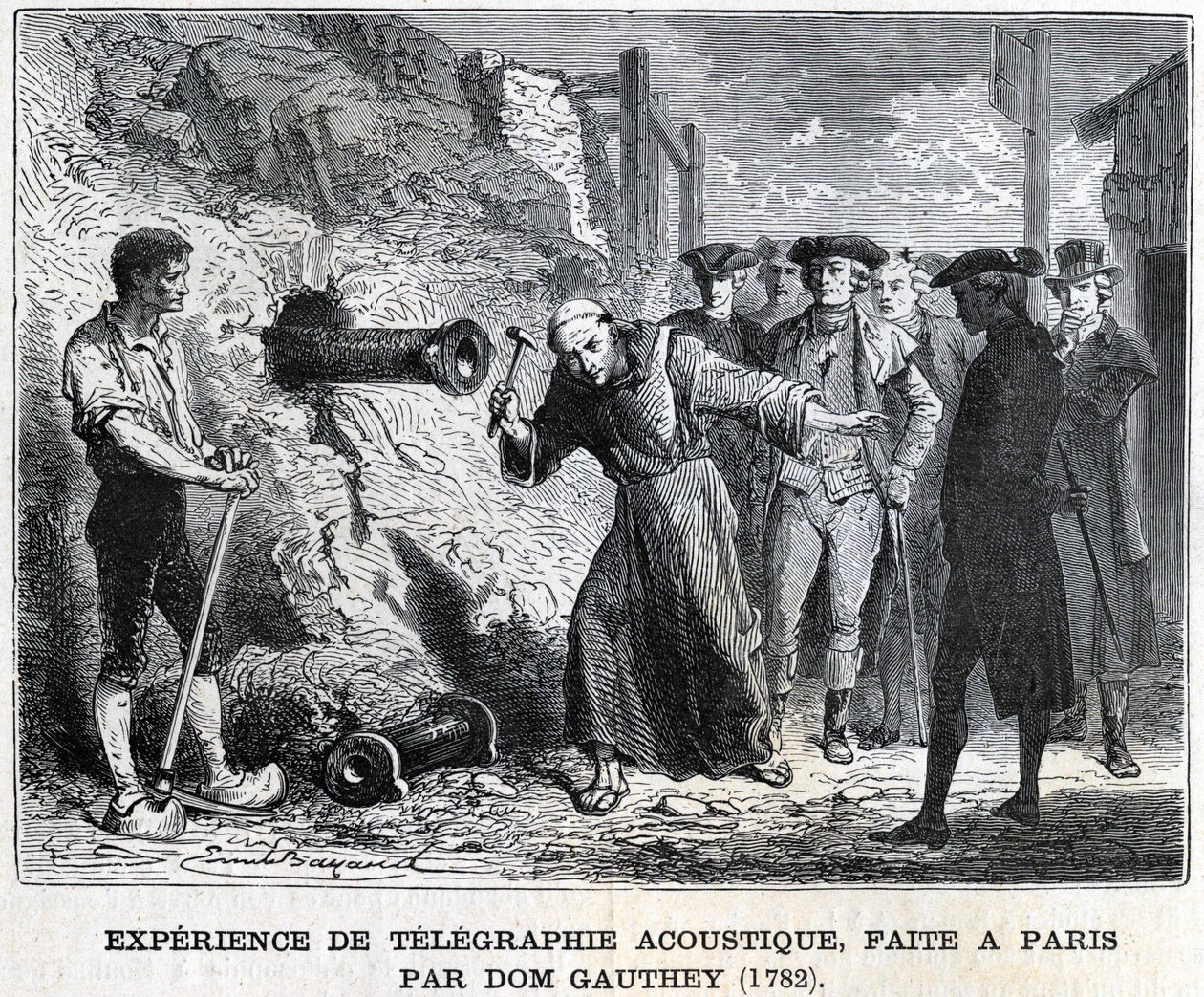 Eksperiment i akustisk telegrafi, laget i Paris av Gauthey i 1782, gravering fra 1800-tallet, Bianchetti-samlingen. av Unknown artist