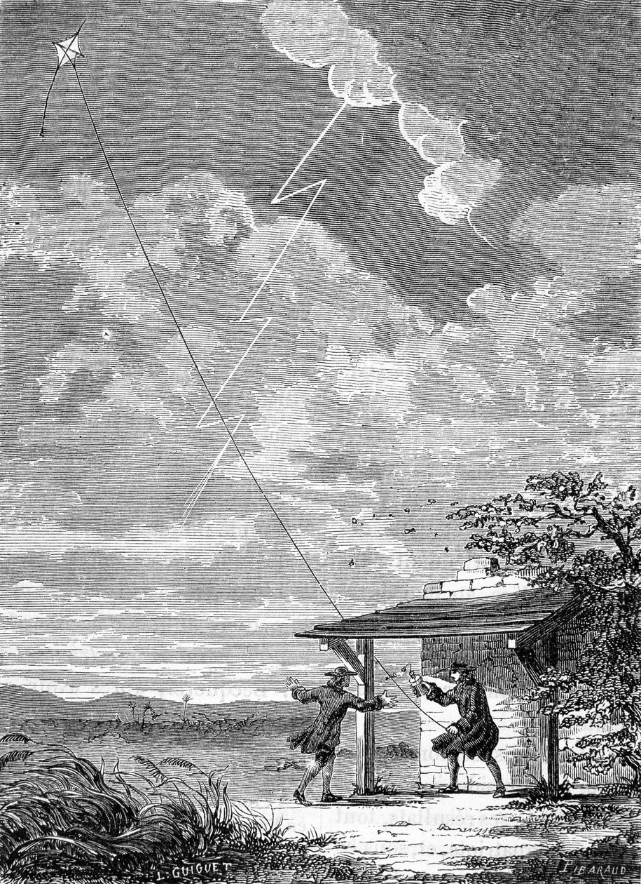 Eksperiment med den elektriske dragen laget i Philadelphia av Benjamin Franklin, september 1752 - gravering av Unknown artist